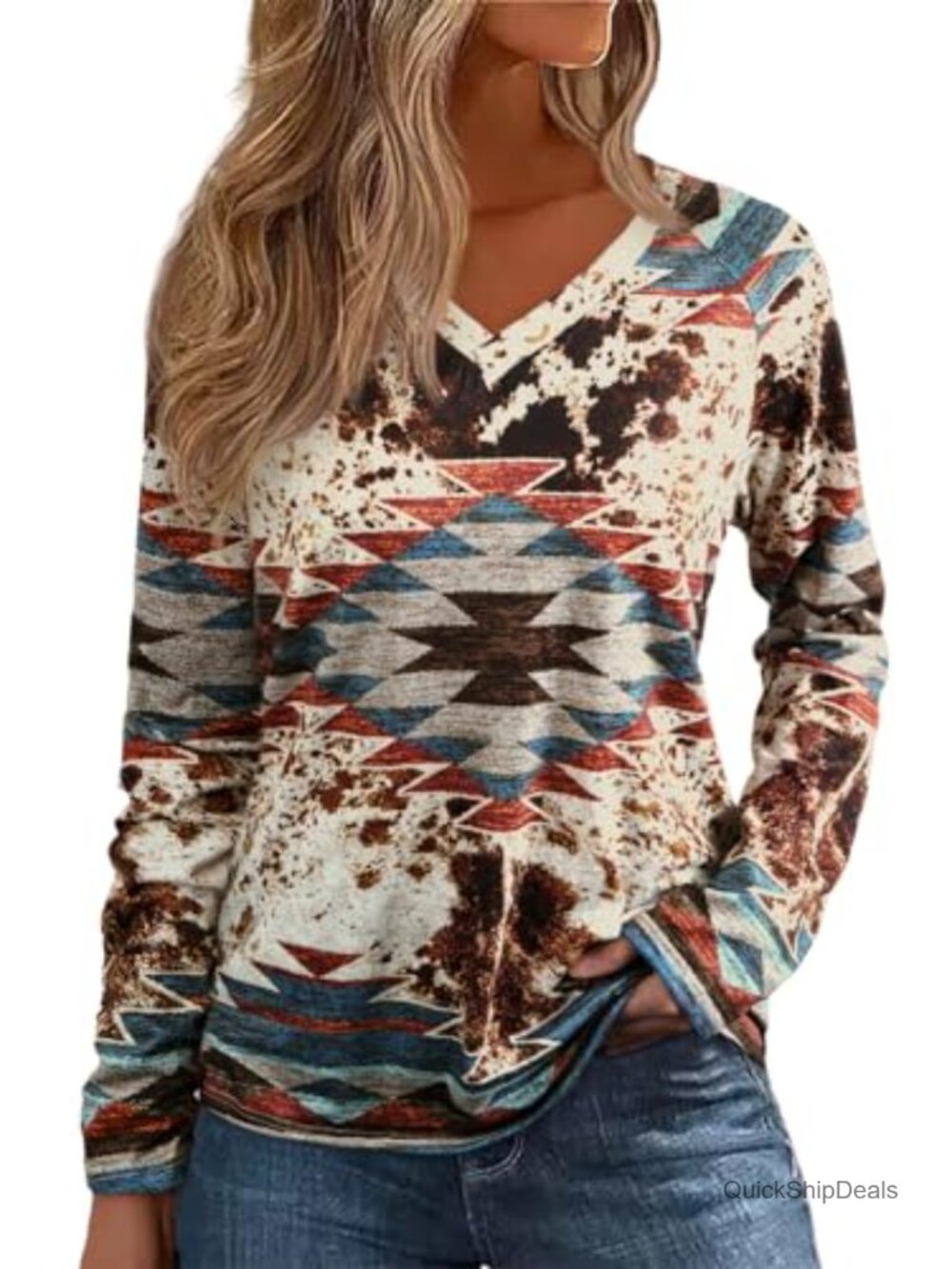Western Aztec Tribal Print Long Sleeve V-Neck Top